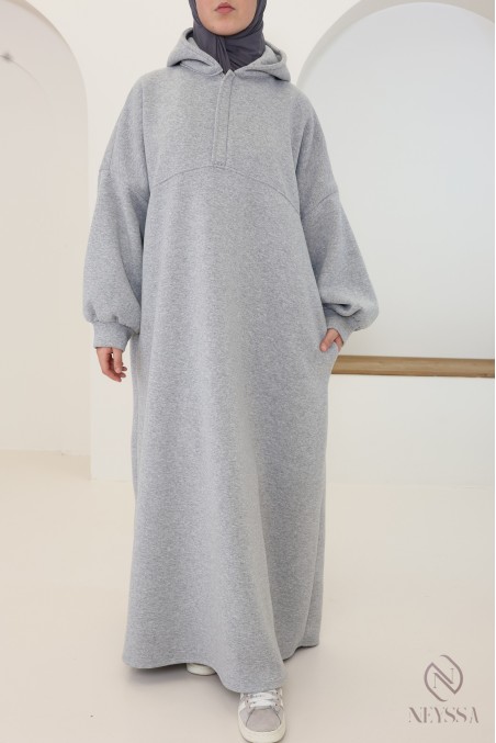Women's long hoodie dress with oversized zip-up collar for hijabis
