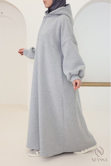 Robe longue style sweat col zippé à capuche oversize femme hijabi