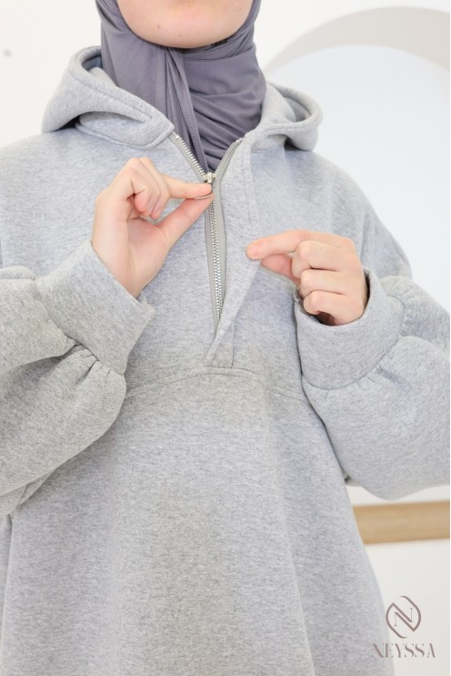 Women's long hoodie dress with oversized zip-up collar for hijabis