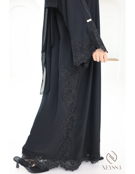 Abaya Dubai Kimono verschleierte Frau mit Stickerei und Spitze chic