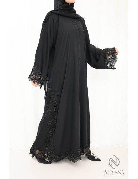 Abaya Dubai Kimono verschleierte Frau mit Stickerei und Spitze chic