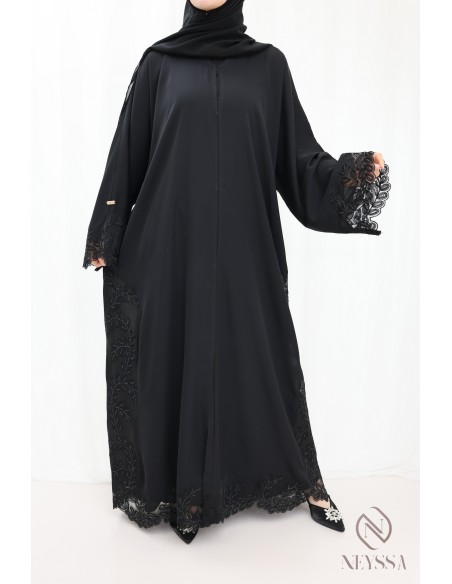 Abaya Dubai Kimono verschleierte Frau mit Stickerei und Spitze chic