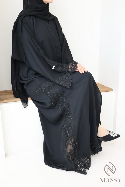Abaya Dubai Kimono verschleierte Frau mit Stickerei und Spitze chic