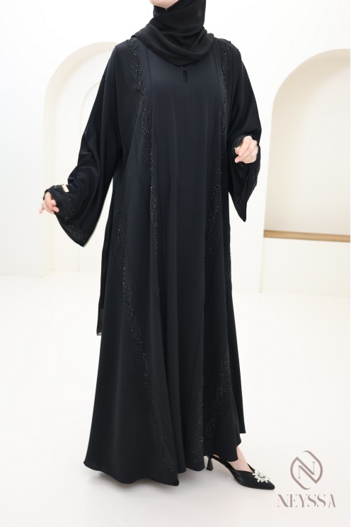 Abaya Dubaï noire femme voilée avec perles brodée et strass