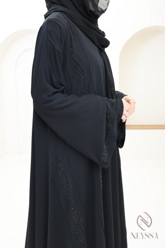 Abaya Dubai schwarz verschleierte Frau mit Perlenstickerei und Strass. 2