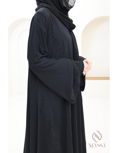Abaya Dubaï noire femme voilée avec perles brodée et strass