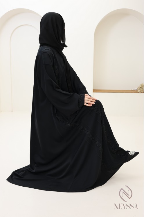 Abaya Dubaï noire femme voilée avec perles brodée et strass