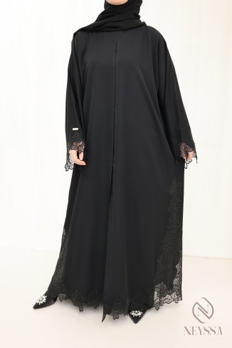 Abaya Dubai schwarz, Kimono + Hijab, Details aus Spitze und Strasssteinen 2