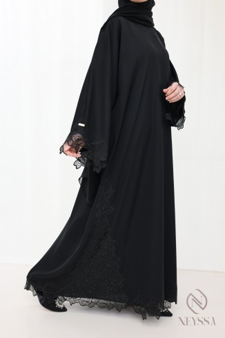 Abaya Dubaï black, kimono + hijab, lace and rhinestone details