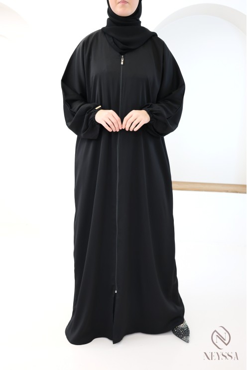 Black zip-up Dubai kimono abaya for hijabi women, straight cut