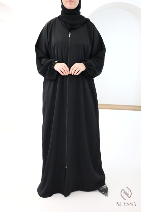 Black zip-up Dubai kimono abaya for hijabi women, straight cut