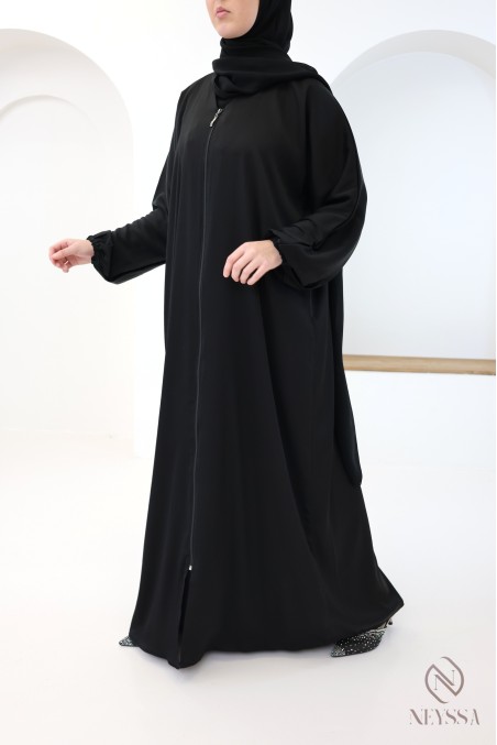 Abaya kimono Dubaï à zip noire femme hijabi, coupe droite