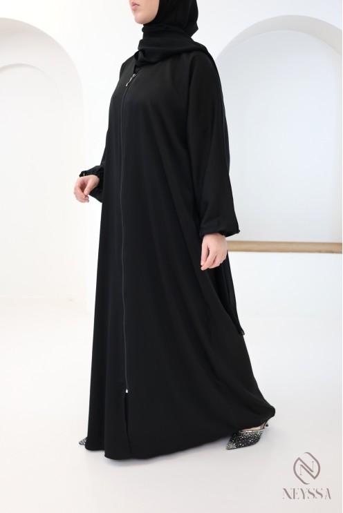 Black zip-up Dubai kimono abaya for hijabi women, straight cut