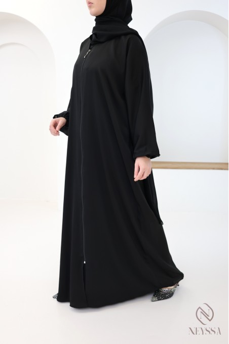 Abaya kimono Dubaï à zip noire femme hijabi, coupe droite
