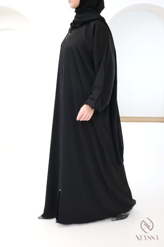 Abaya kimono Dubaï à zip noire femme hijabi, coupe droite 2