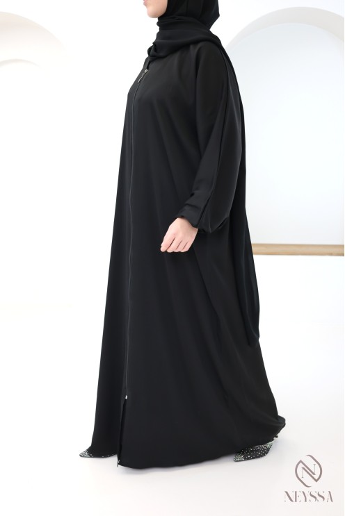 Black zip-up Dubai kimono abaya for hijabi women, straight cut