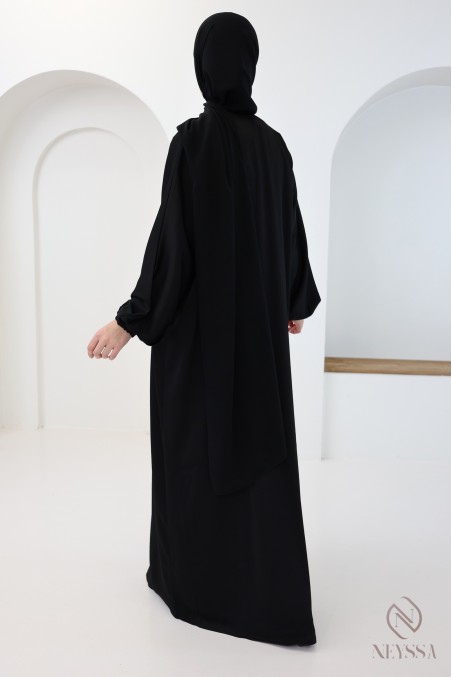 Abaya kimono Dubaï à zip noire femme hijabi, coupe droite