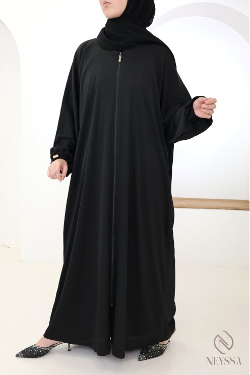 Black zip-up Dubai kimono abaya for hijabi women, straight cut