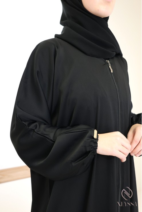 Abaya kimono Dubaï à zip noire femme hijabi, coupe droite