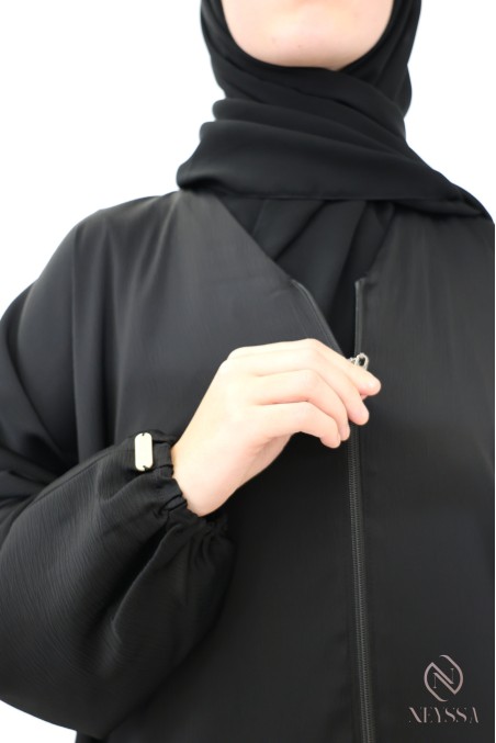 Black zip-up Dubai kimono abaya for hijabi women, straight cut