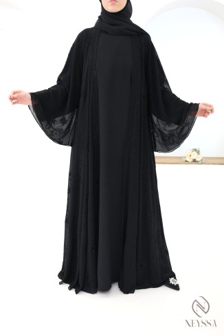 Abaya Dubaï kimono en mousseline brodée et strass femme voilée