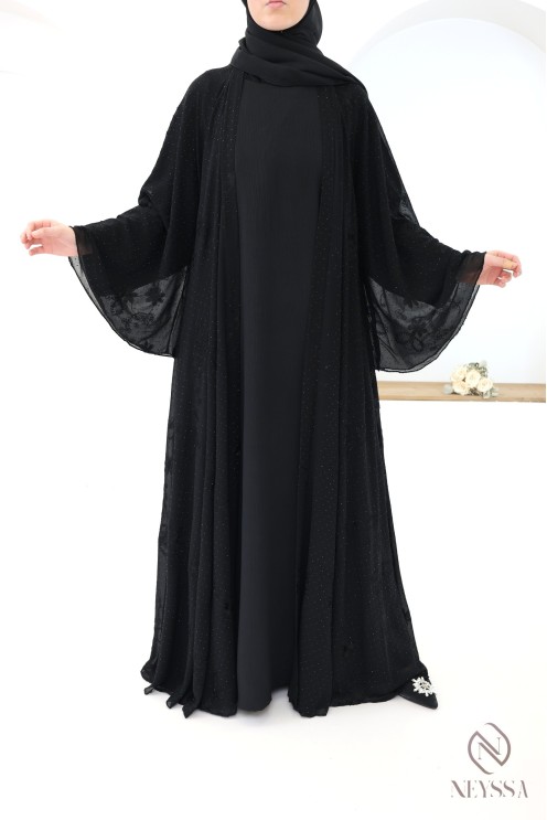 Dubai abaya kimono in embroidered chiffon with rhinestones