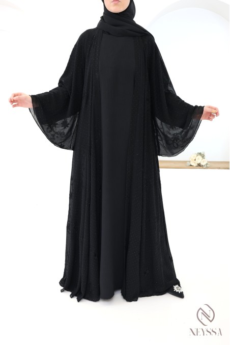Abaya Dubaï kimono en mousseline brodée et strass femme voilée
