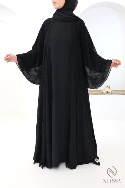 Abaya Dubaï kimono en mousseline brodée et strass femme voilée