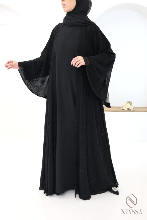 Abaya Dubaï kimono en mousseline brodée et strass femme voilée