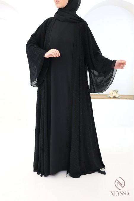 Abaya Dubaï kimono en mousseline brodée et strass femme voilée