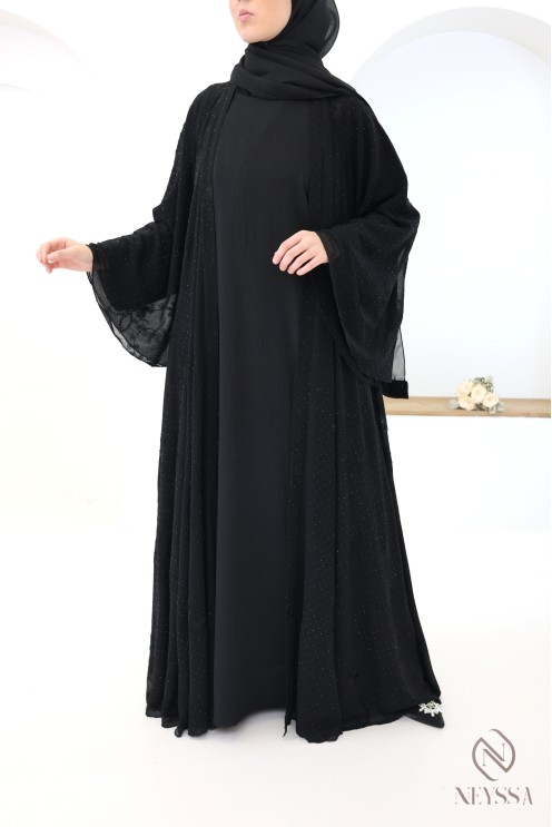 Abaya Dubaï kimono en mousseline brodée et strass femme voilée