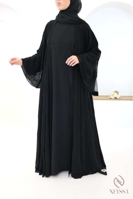 Dubai abaya kimono in embroidered chiffon with rhinestones