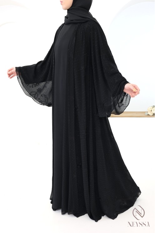 Dubai abaya kimono in embroidered chiffon with rhinestones