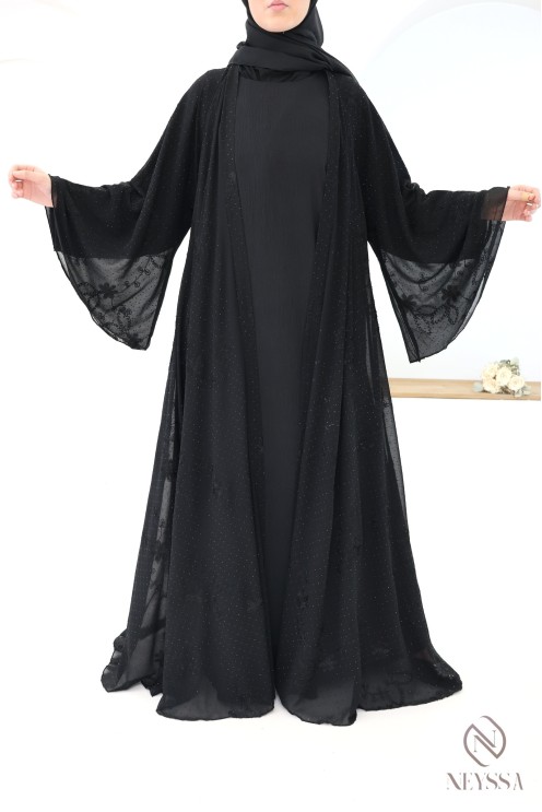 Abaya Dubaï kimono en mousseline brodée et strass femme voilée