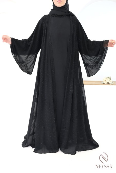 Dubai abaya kimono in embroidered chiffon with rhinestones