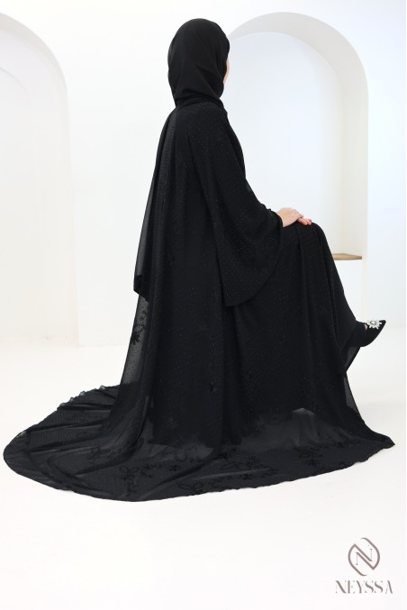 Abaya Dubaï kimono en mousseline brodée et strass femme voilée