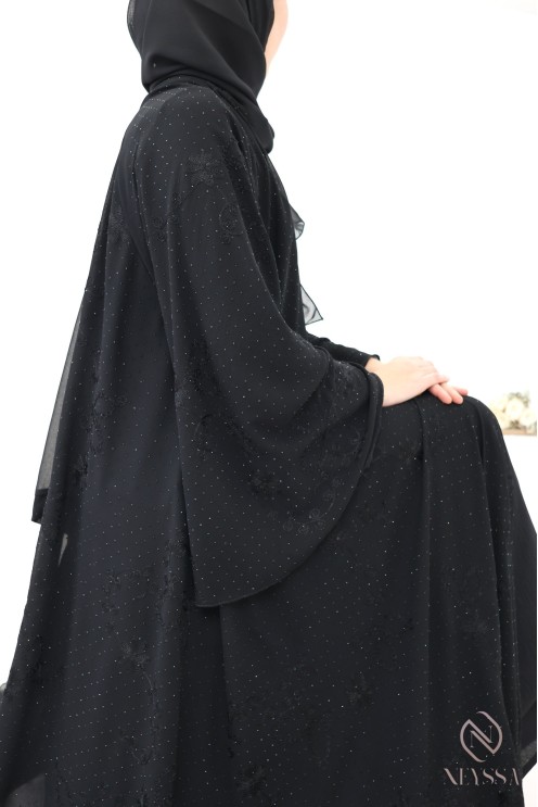 Dubai abaya kimono in embroidered chiffon with rhinestones