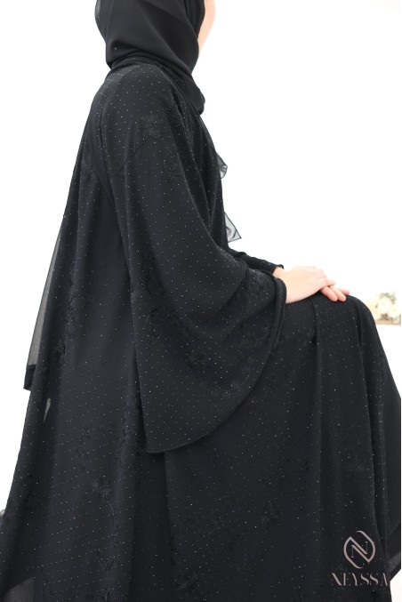 Dubai abaya kimono in embroidered chiffon with rhinestones