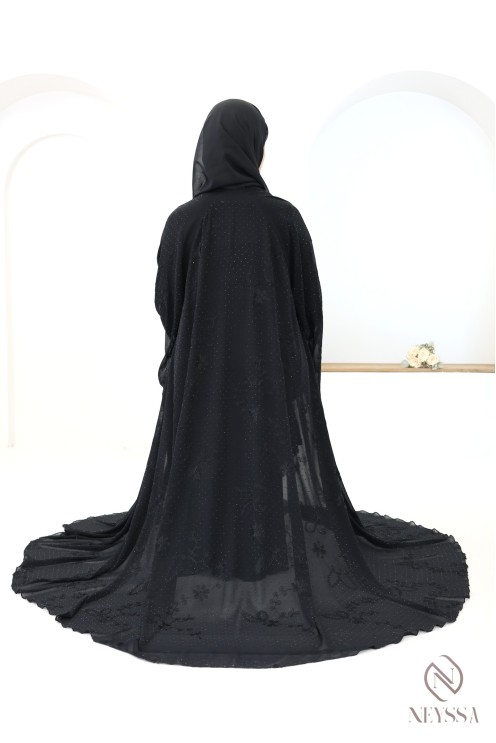 Abaya Dubaï kimono en mousseline brodée et strass femme voilée