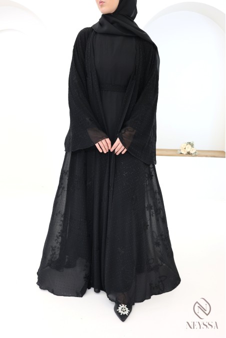 Dubai abaya kimono in embroidered chiffon with rhinestones
