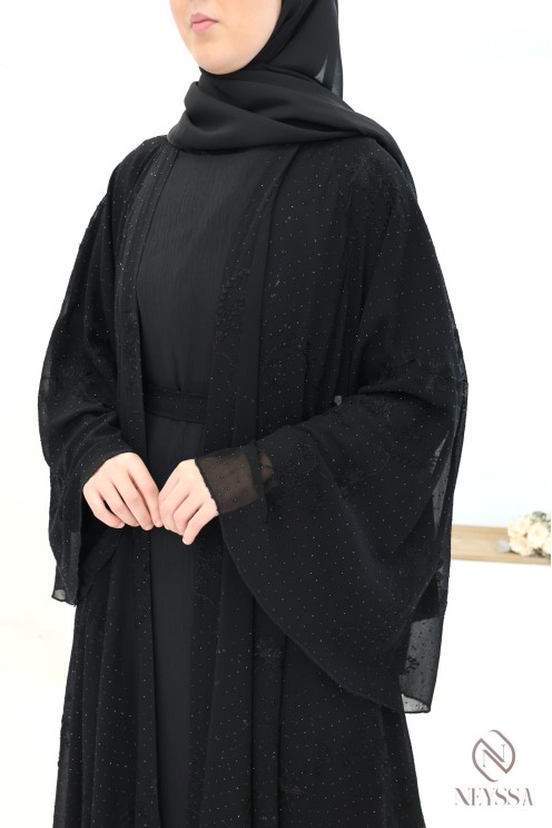 Abaya Dubaï kimono en mousseline brodée et strass femme voilée