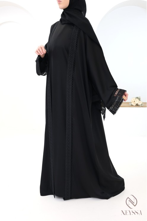 Dubai black lace kimono abaya, 4 pieces, for hijabi women