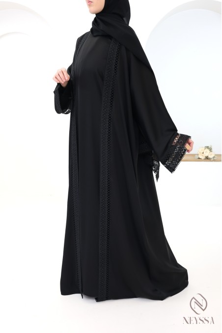Abaya Dubai Kimono schwarz mit Spitze 4-teilig für Frauen mit Hijab