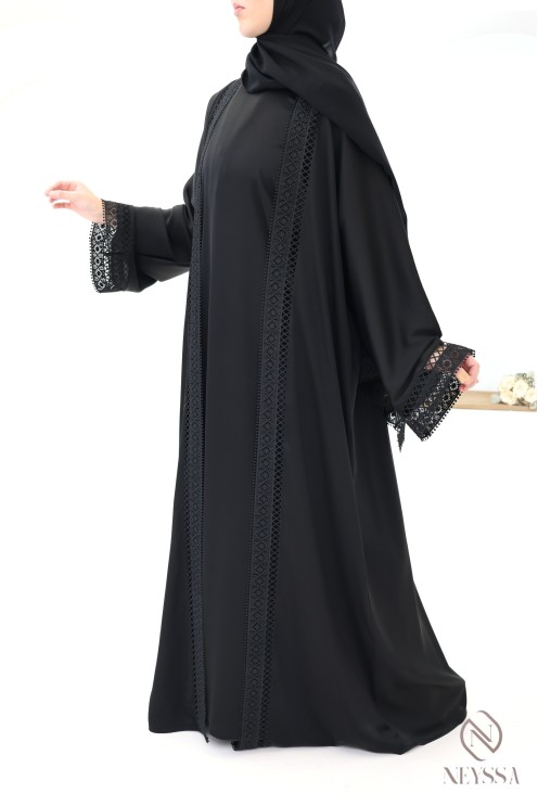 Dubai black lace kimono abaya, 4 pieces, for hijabi women