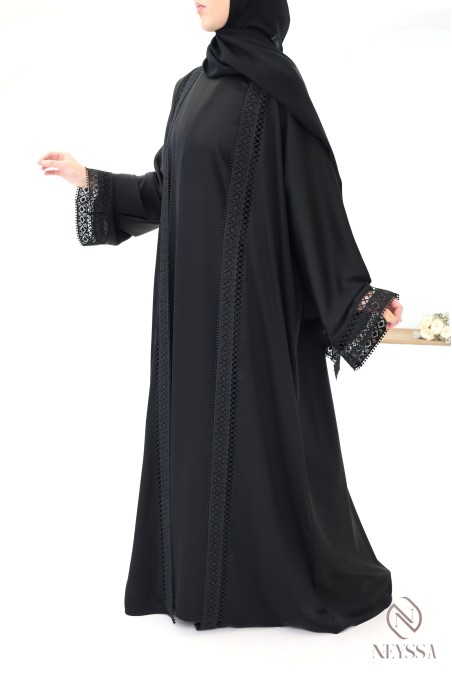 Dubai black lace kimono abaya, 4 pieces, for hijabi women