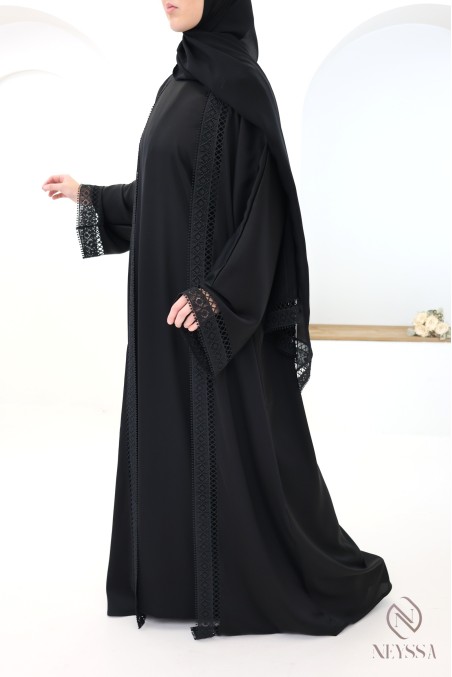Dubai black lace kimono abaya, 4 pieces, for hijabi women