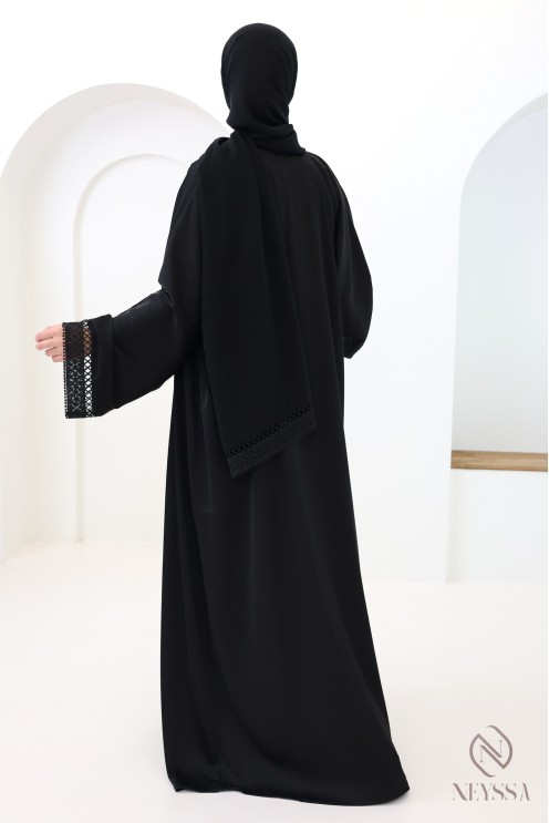 Dubai black lace kimono abaya, 4 pieces, for hijabi women