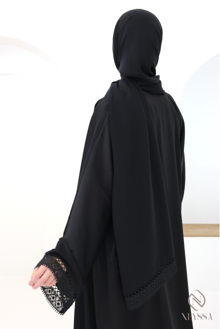 Abaya Dubaï kimono noir à dentelles 4 pièces femme hijabi
