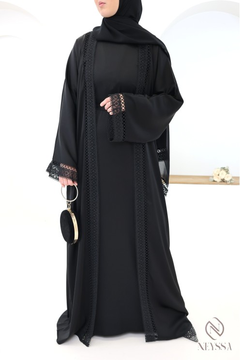 Abaya Dubai Kimono schwarz mit Spitze 4-teilig für Frauen mit Hijab