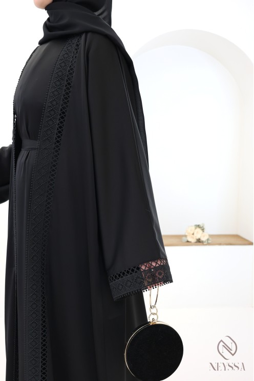 Abaya Dubai Kimono schwarz mit Spitze 4-teilig für Frauen mit Hijab